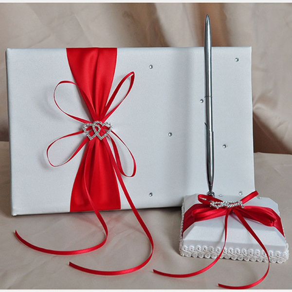 Vintage Diamante Bow. Wedding Guest Book Pen in Hand Decorated Presentation Box 