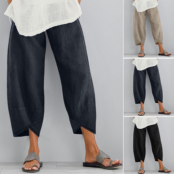 ZANZEA Women Summer Elastic Waist Loose Solid Pants Ladies Cotton Linen  Trousers