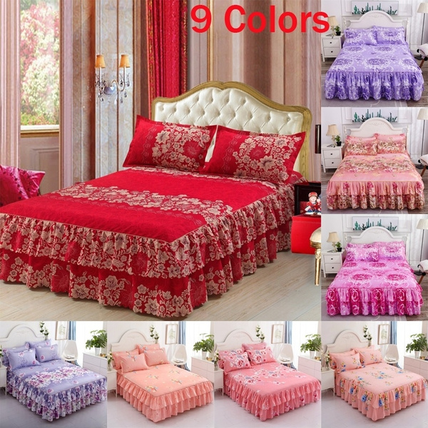 Flower Pattern Printed Ruffled Elastic, Pink Twin Size Bed Skirt