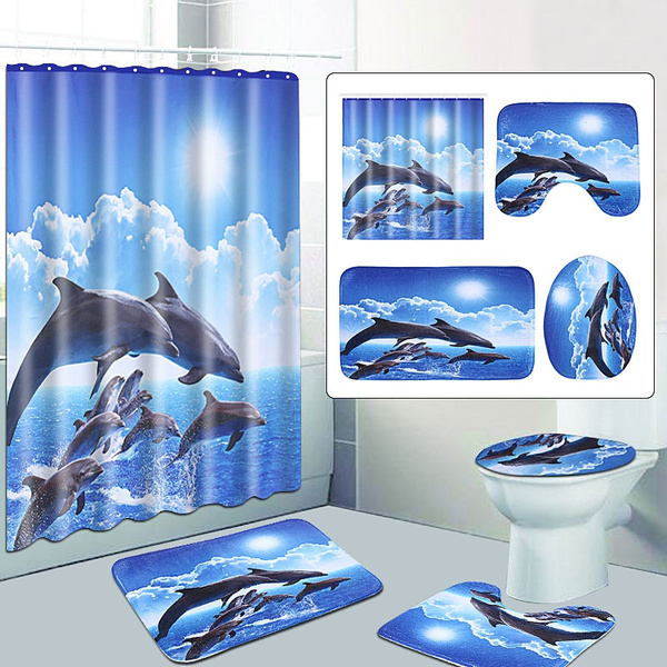 1 3 4pcs Ocean Blue Dolphins Print Shower Curtain Waterproof Bathroom Shower Curtain Non Slip Rug Set Pedestal Rug Lid Toilet Cover Bath Mat Shower Curtains For Bathroom Decor Wish