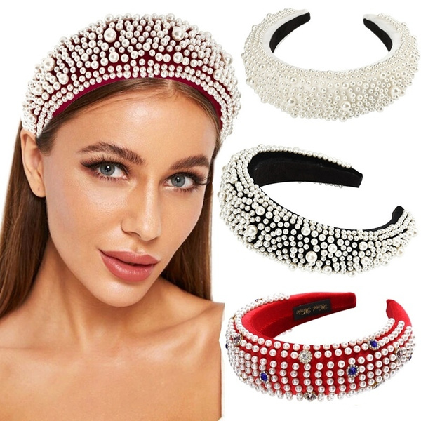 New Winter Women Fashion Pearl Rhinestone Headband Velvet Padded Hair