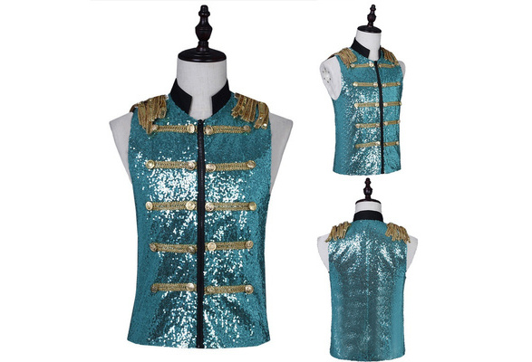 Mens Sequin Military Hussar Waistcoat Show Sleeveless Jacket Gilet Vests Fashion