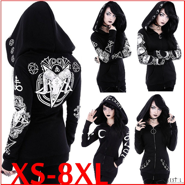Moda donna Felpa con cappuccio gotica nera Cappotto con cappuccio stile  punk Cool Street Felpa stampata Giacca Cosplay Plus Size | Wish