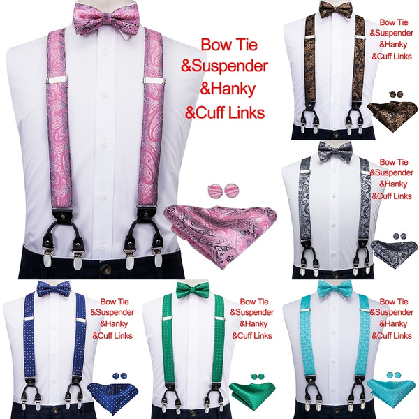 15 Colors Mens Suspender Bow Tie Set Y-Shape Adjustable Braces Hanky Cufflinks