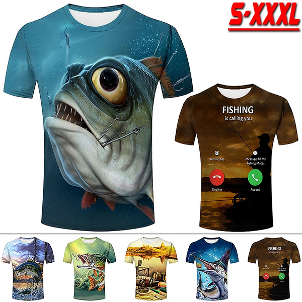 Men Women Cool 3D Fish Print T-shirt Funny Go Fishing Short Sleeve Tees