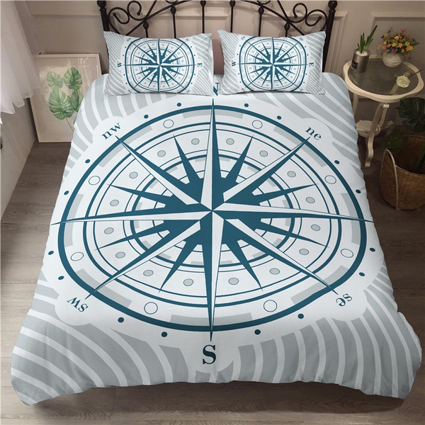 Compass Bedding Set Nautical Map Duvet, Navy Blue And White Queen Duvet Cover