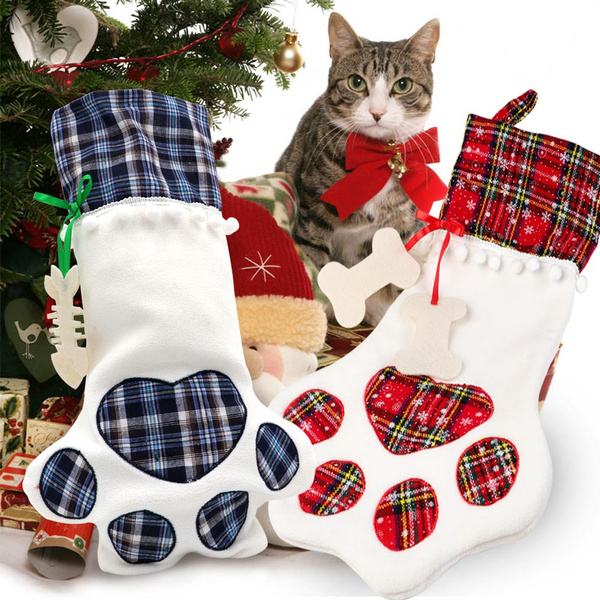 Home Decor Pet Christmas Stockings Cat Dog Paw Stocking Gift Bag Xmas New Year 