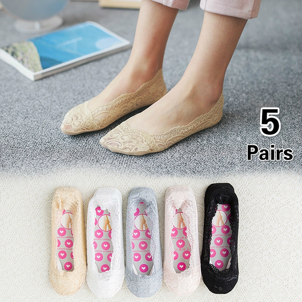 5 Pairs Women Fashion Cotton Invisible Anti-slip Ankle Socks Lace