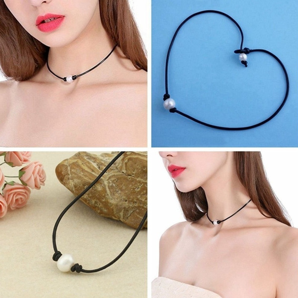 Women Single Pearl Leather Choker Necklace on Genuine Black Leather Cord  Pendant