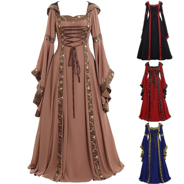 Women Medieval Vintage Dress Hooded Renaissance Cosplay Dress Costume Plus Size