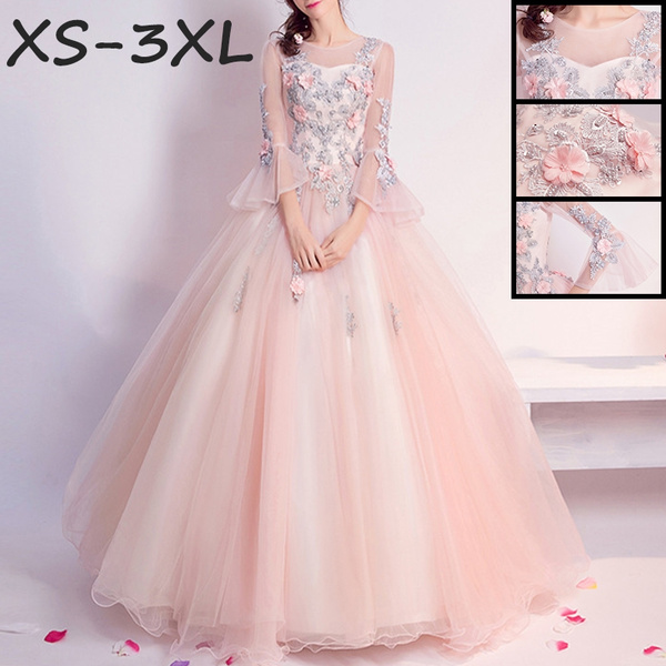 JJZXD Pink Ball Gowns with 3/4 Sleeves Elegant O-Neck Flower Appliques Ball  Gown Tulle Dresses Evening Plus Size (Color : Roze, Size : 18W) :  Amazon.de: Fashion