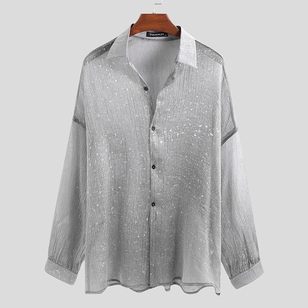 Fashion men Shiny Transparent Mesh Sheer Tops Long Sleeve T-Shirt Loose  Blouse Tee Top Nightclub