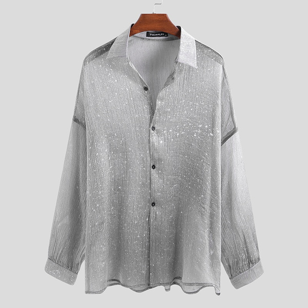 Fashion men Shiny Transparent Mesh Sheer Tops Long Sleeve T-Shirt