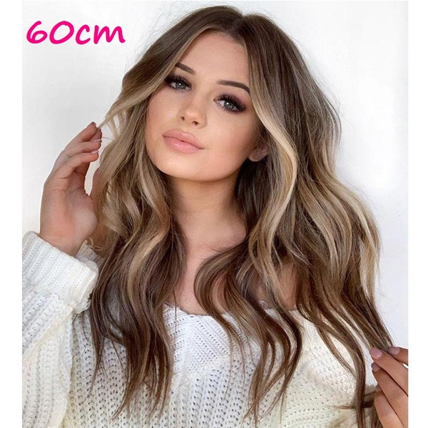 60CM Women Body Wave Long Curly Hair Wig Big Wavy Long Gradient Heat Resistant Synthetic Wigs