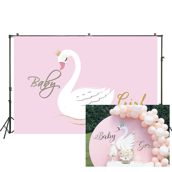 New Swan Girl Happy Birthday Party Photo Studio Booth Backgrounds Pink Floral Princess Birthday Pink and White Stripes Photography Backdrop Banner 7x5ft