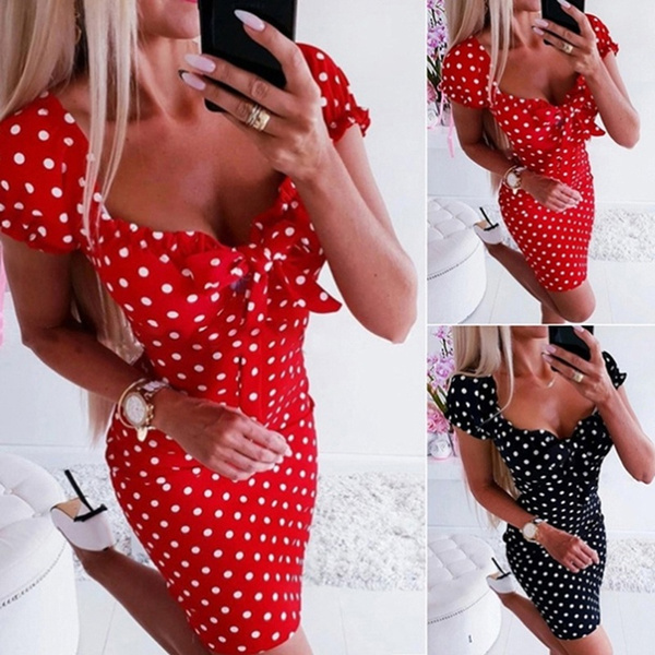 MANNXC Women's Polka Dot Summer Dress - Short Sleeve V-Neck Casual Swing Dress