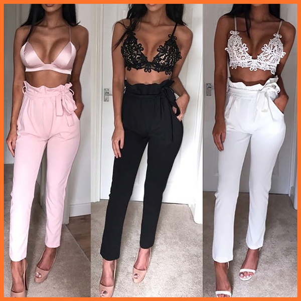 Onecozyday Women's High-Waisted Tie-Up Casual Pants Solid White Loose Wide  Leg Trousers Female Stylish Commuter Bottoms