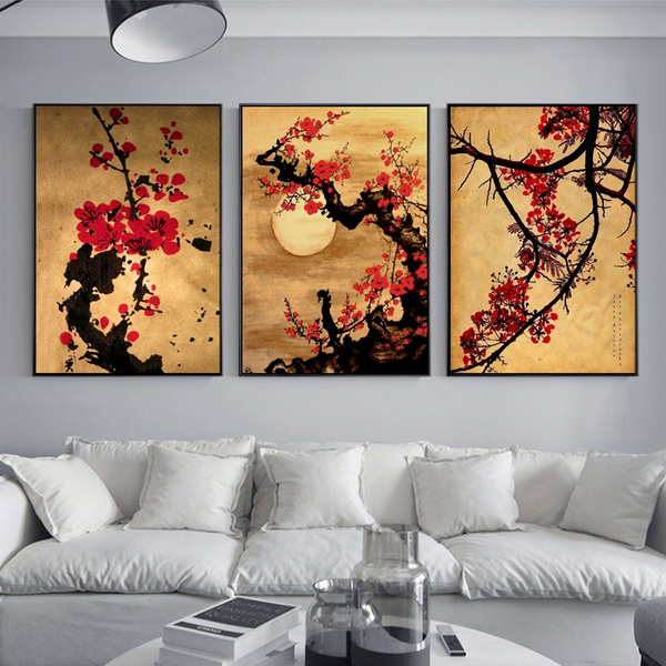 3pcs Set Japan Style Cherry Blossom Flower Tree Oil Painting On Canvas Oriental Home Decor Wall Art Vintage Japanese Mural Posters For Living Room Bedroom Gifts No Frame - Japanese Cherry Blossom Wall Decor