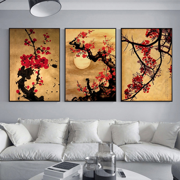 3pcs Set Japan Style Cherry Blossom Flower Tree Oil Painting On Canvas Oriental Home Decor Canvas Painting Wall Art Vintage Japanese Wall Mural Canvas Posters For Living Room Bedroom Gifts No Frame