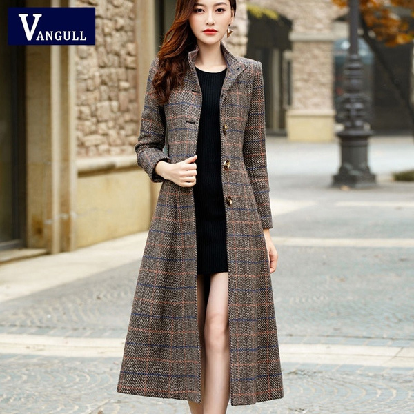 VANGULL Brand Woolen Coat Women High Quality Classic Long Wool Coats Wool  Jackets Trench Winter Outerwear Plaid Woman Coats