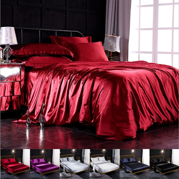 Solid Color Satin Silk Sheet Sets Of Flat Sheet and Fitted Sheet and Pillowcase
