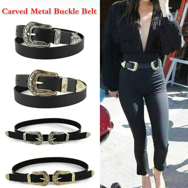 Women Black Leather Western Cowgirl Waist Belt Waistband Single Metal Buckle 