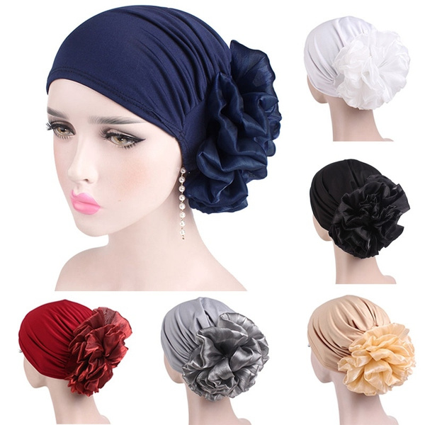 Hide on Bush Women Stretch Turban Hat Rose Shape Solid Muslim Chemo Cap Hair Loss Head Scarf Wrap Cap 
