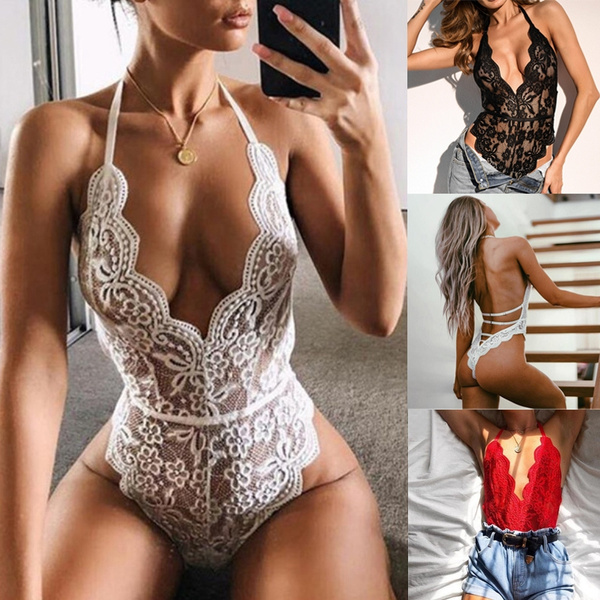 One Piece Sheer Mesh Floral Lace Halter Backless Womens Sexy