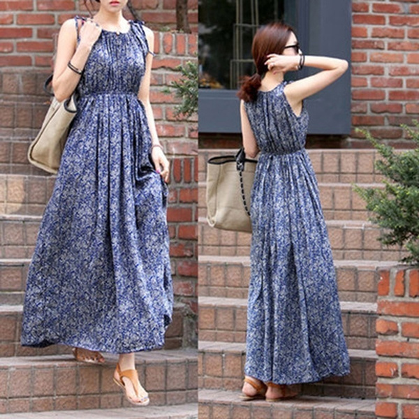 Autumn Women Fashion Maxi Irregular Boho Dress Summer Floral Print Hem