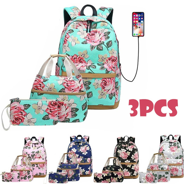 Big Bookbag With Pencil Case Flowers Flowers Of The Field Field Meadow Blue Bookbag With Usb Charging Port With Usb Charging Port Laptop Bookbags Set For Travel School Hiking Camping Teens Girls Boys