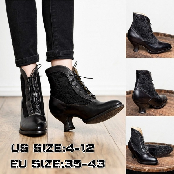 Women Fashion Victorian Style Mid-Calf Leather Boots Rustic Booties  Steampunk Chunky Heel Boots Vintage Round Toe Ankle Boots Short Boots Plus
