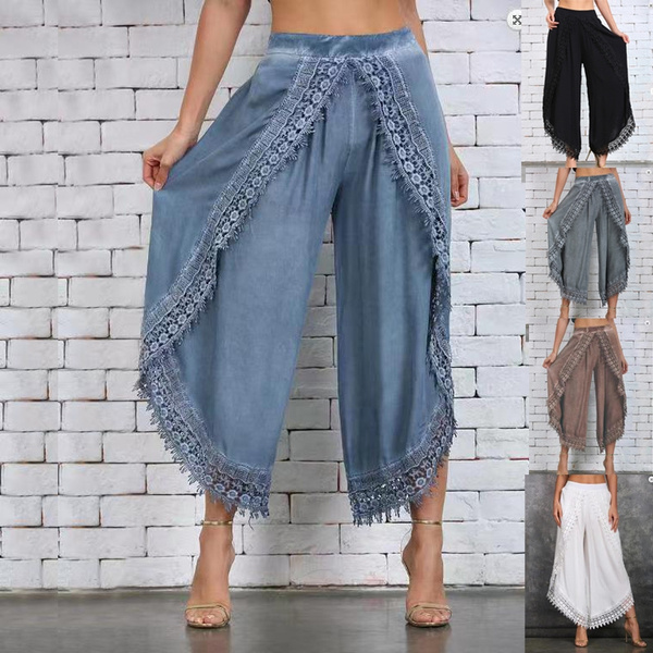 Women Cotton Linen Wide Leg Pants Elastic Waist Pockets Comfy Solid Loose  Casual Trousers (KhakiX-Large) -Layfoo : Amazon.in: Clothing & Accessories