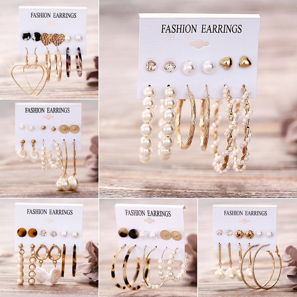 New Fashion Geometric Pearl Dangle Earrings Set Crystal Pearl