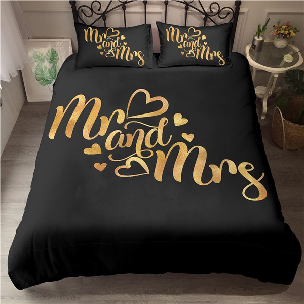Gold Mr And Mrs Letters Printing Luxury, Gold Bedding King