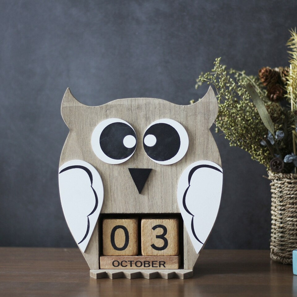 Fair Trade Indonesian Hand Carved Made Wooden Shabby Owl Bird Perpetual Calendar 