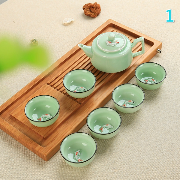 Porcelain Chineseceladon Fish Teacup Set Teapot Drinkware Ceramic Cup Tea Set