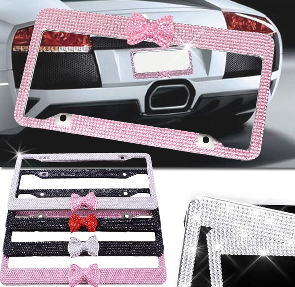 Stainless Steel  License Plate Frame Bow-knot Bling Rhinestone Front Rear Plate 