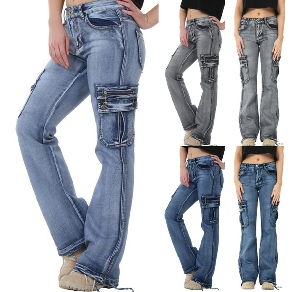 New Fashion Women Casual Cargo Pants Denim Trousers Jeans Multi Pockets  Girls Vintage Jeans