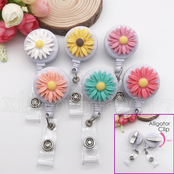 New Daisy Flower Retractable Pull Badge Reel ID Lanyard Name Tag Card Badge  Holder Reels Alligator Clip Doctor Nurse Office Supply