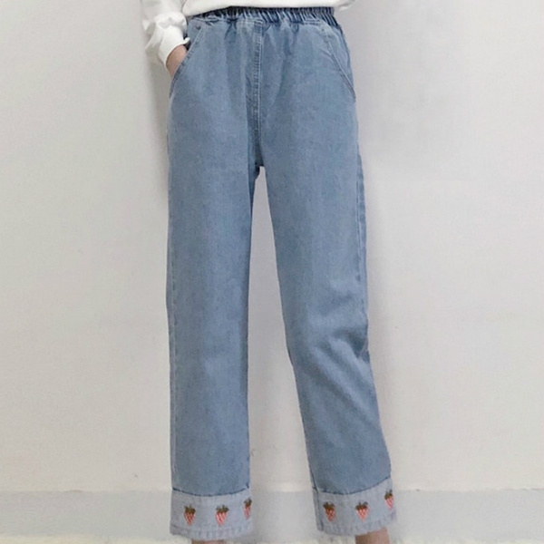Women Girl Denim Pants Embroidery High Waist Japanese Jeans Trousers  Strawberry