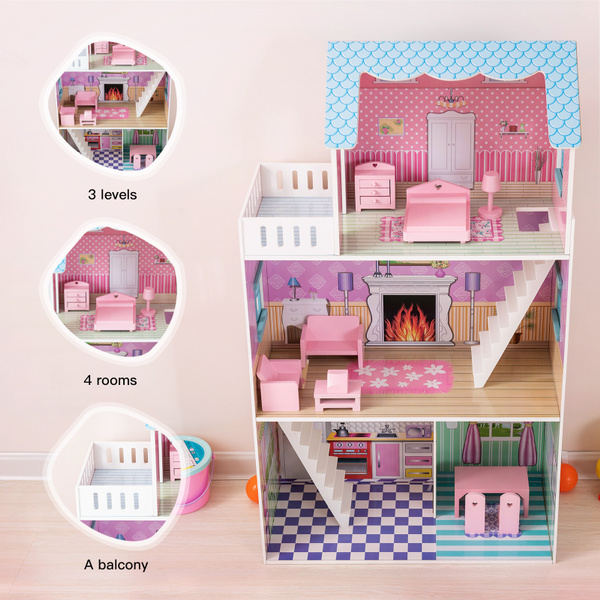 Kids Dollhouse 42 Inch Height 3 Level Wooden Children Open Playhouse W Furniture 4 Rooms For 14 Dolls Wish