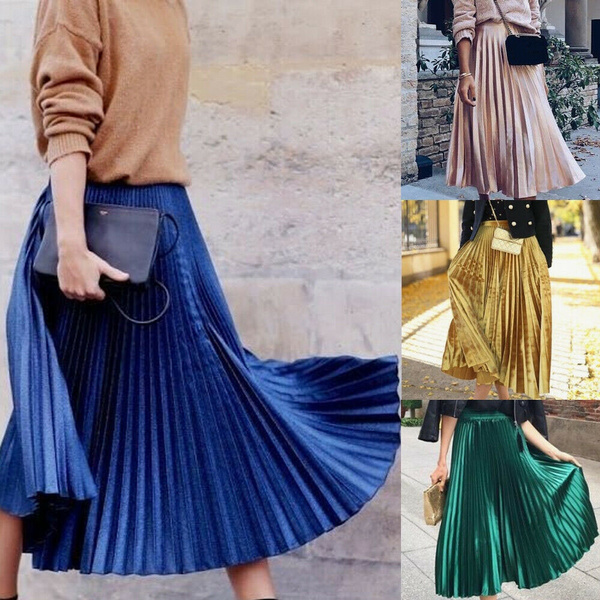 Women Elastic Waist Solid Pleated Skirt Vintage A-line Loose Long Skirt Swing L
