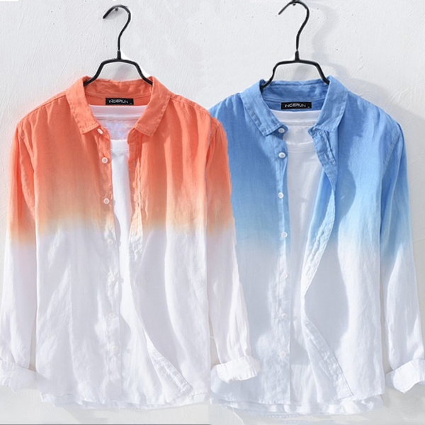 100%Cotton Summer Men's Loose Shirt Long Sleeve Stand Collar V Neck T  Shirts gradient top