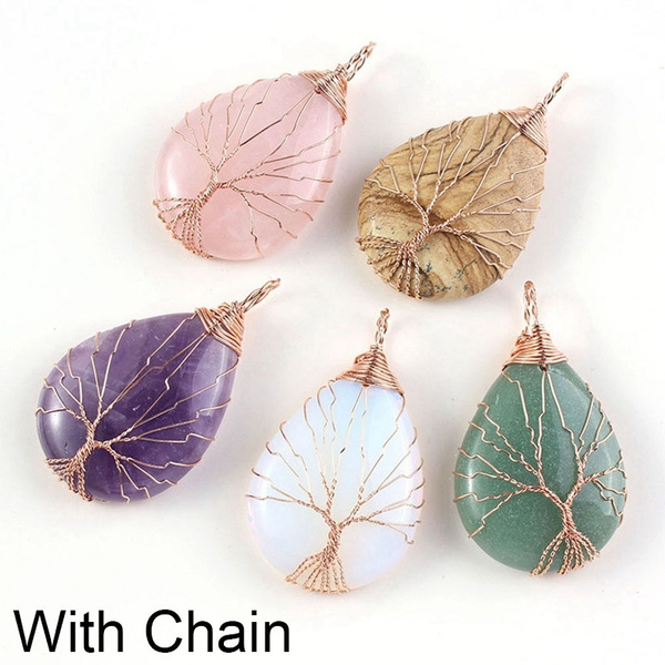 Handmade Copper Wire Wrapped Life Tree Natural Stone Water Drop Pendant 
