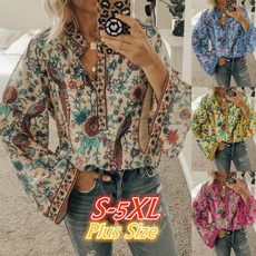 Women's Fashion Trending Clothes Lantern Sleeve Shirts &blouse Ethnic Style Floral Birds Printed Shirts Long Sleeve Plus Size Tops S-5XL