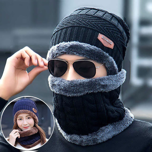Neck Warmer Knitted Hat Scarf Set Fur Wool Lining Thick Warm Knit Beanies  Balaclava Winter Hat for Men Women Cap Skullies Bonnet | Wish