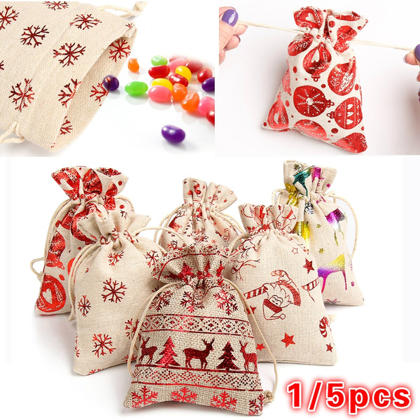 Elk Sack Candy Organizer Drawstring Pouch Merry Christmas Jute Gift Bags 