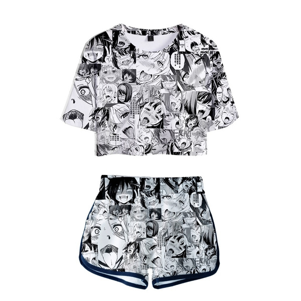 Quker Bean Women Two Piece Set Summer Anime Crop Top Set Ahegao Printed  Cropped Tumblr Girl Harajuku Clothes Manga Clothing | Wish