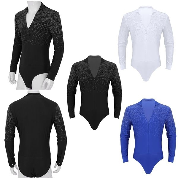Men's Dance Shirt Leotard Bodysuit Shiny Rhinestones Vneck Shirt Tops