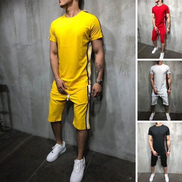 Sport Set for Men 2 Piece Outfits Casual Short Sleeve Solid Color T-Shirts Shorts Tracksuit Summer Beach Activewear 